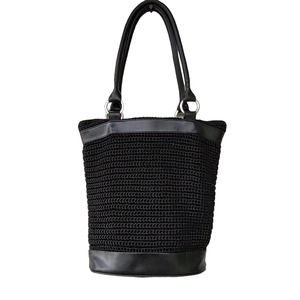 Accessories Black Woven & Faux Leather Bucket Handbag